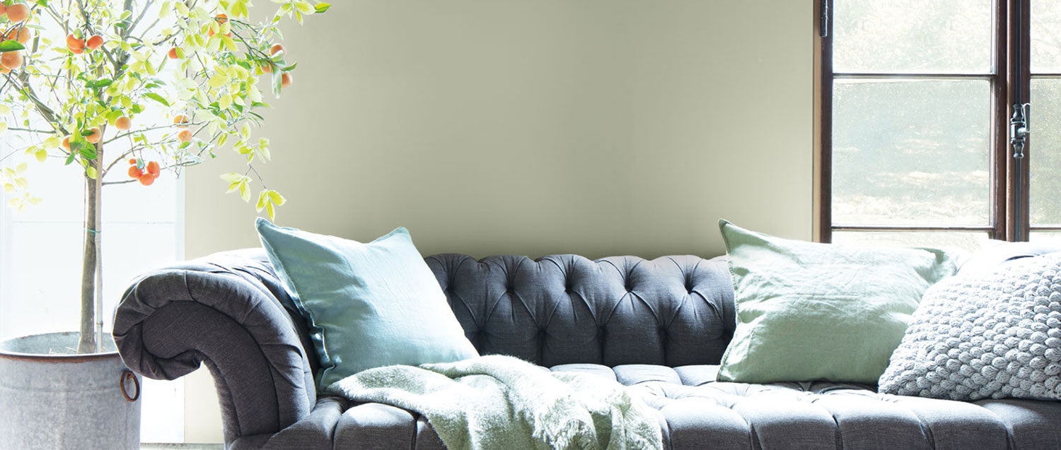 living room with light green painted wall, an antique-style sofa, and a small potted tree